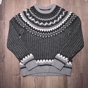 Roots Canada women’s Knit Sweater Size M Fair Isle Wool Blend Black Gray White